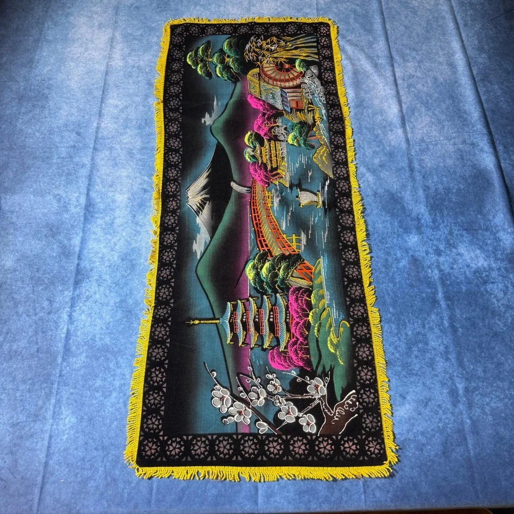 Vintage Japanese Velvet Wall Hanging Mount Fuji Pagoda Landscape Fringe 45x18